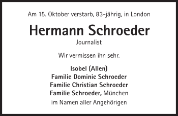 Traueranzeige von Hermann Schroeder von Süddeutsche Zeitung