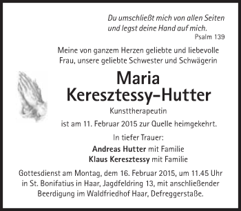 Traueranzeige von Maria Keresztessy-Hutter von Süddeutsche Zeitung