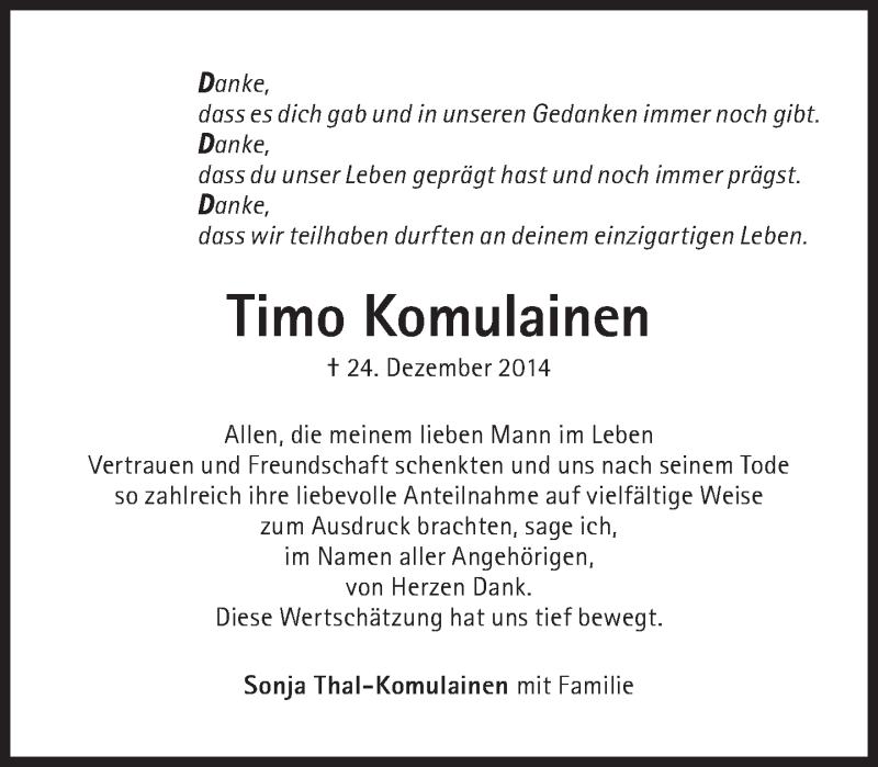  Traueranzeige für Timo Komulainen vom 31.01.2015 aus Süddeutsche Zeitung