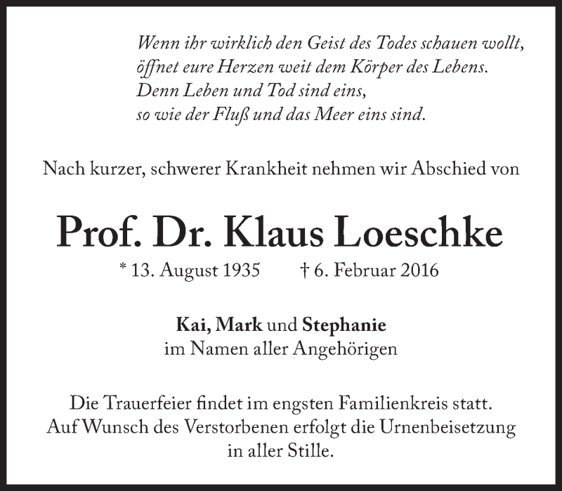  Traueranzeige für Klaus Loeschke vom 13.02.2016 aus Süddeutsche Zeitung