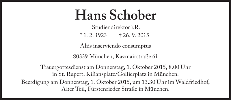  Traueranzeige für Hans Schober vom 29.09.2015 aus Süddeutsche Zeitung