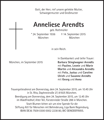 Traueranzeige von Anneliese Arendts von Süddeutsche Zeitung