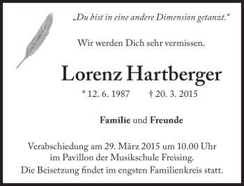 Traueranzeige von Lorenz Hartberger von Süddeutsche Zeitung