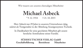 Traueranzeige von Michael Asbeck von Süddeutsche Zeitung