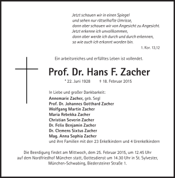 Traueranzeige von Hans F. Zacher von Süddeutsche Zeitung
