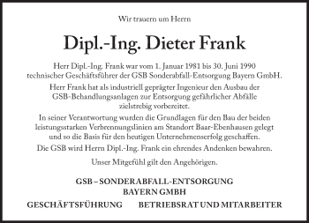 Traueranzeige von Dieter Frank von Süddeutsche Zeitung