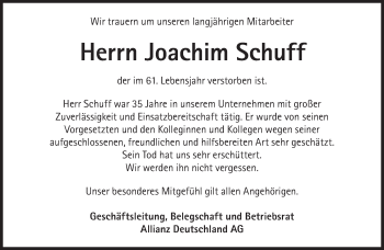 Traueranzeige von Joachim Schuff von Süddeutsche Zeitung