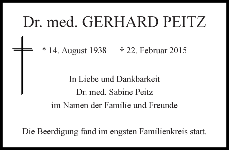  Traueranzeige für Gerhard Peitz vom 21.03.2015 aus Süddeutsche Zeitung