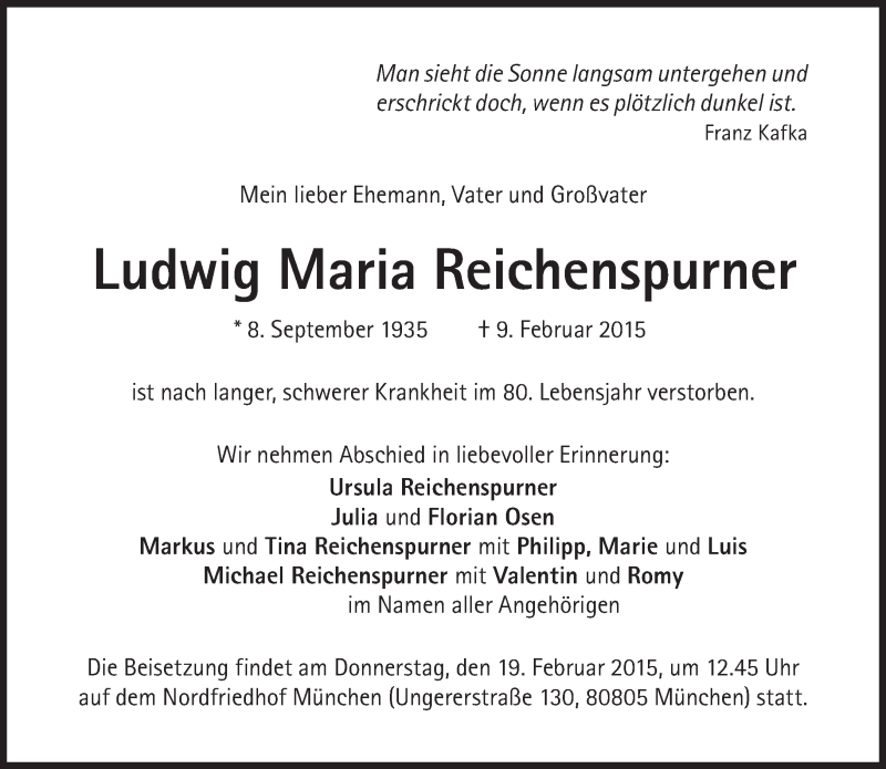  Traueranzeige für Ludwig Maria Reichenspurner vom 14.02.2015 aus Süddeutsche Zeitung