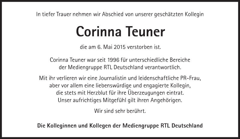  Traueranzeige für Corinna Teuner vom 09.05.2015 aus Süddeutsche Zeitung