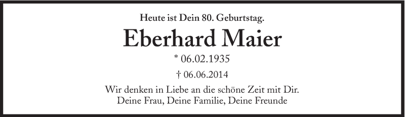  Traueranzeige für Eberhard Maier vom 06.02.2015 aus Süddeutsche Zeitung