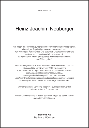 Traueranzeige von Heinz-Joachim Neubürger von Süddeutsche Zeitung