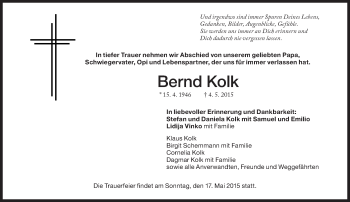 Traueranzeige von Bernd Kolk von Süddeutsche Zeitung
