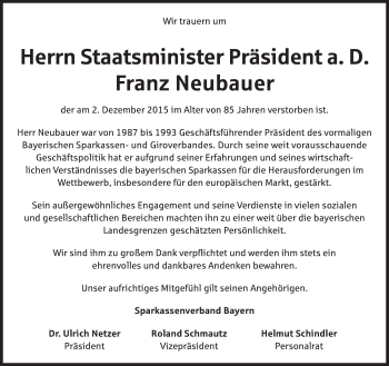 Traueranzeige von Franz Neubauer von Süddeutsche Zeitung
