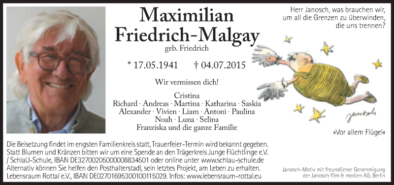  Traueranzeige für Maximilian Friedrich-Malgay vom 11.07.2015 aus Süddeutsche Zeitung