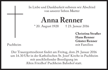 Traueranzeige von Anna Renner von Süddeutsche Zeitung
