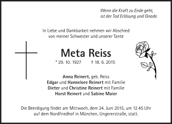 Traueranzeige von Meta Reiss von Süddeutsche Zeitung