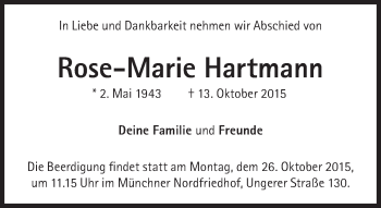 Traueranzeige von Rose-Marie Hartmann von Süddeutsche Zeitung