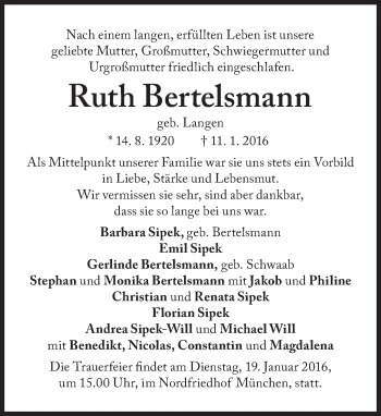 Traueranzeige von Ruth Bertelsmann von Süddeutsche Zeitung