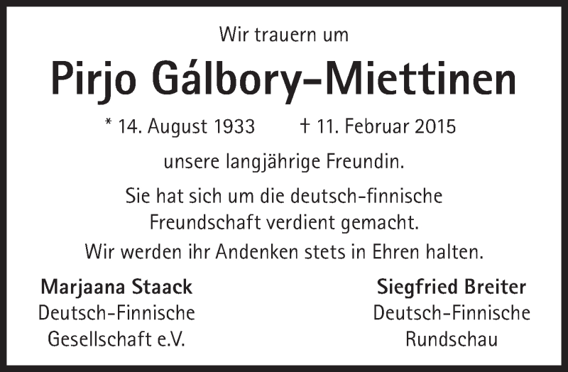  Traueranzeige für Pirjo Gálbory-Miettinen vom 21.02.2015 aus Süddeutsche Zeitung
