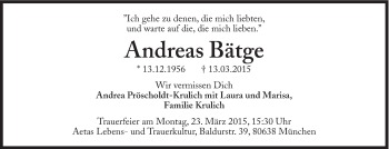 Traueranzeige von Andreas Bätge von Süddeutsche Zeitung