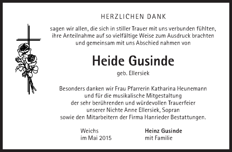  Traueranzeige für Heide Gusinde vom 30.05.2015 aus Süddeutsche Zeitung