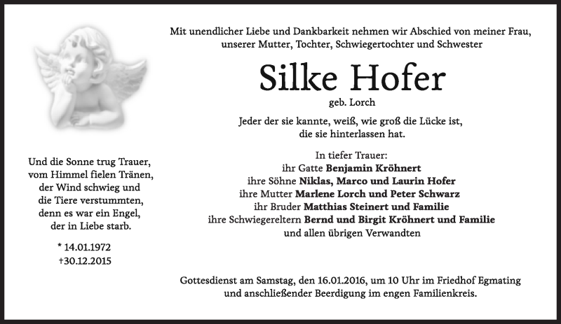  Traueranzeige für Silke Hofer vom 15.01.2016 aus Süddeutsche Zeitung