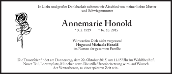 Traueranzeige von Annemarie Honold von Süddeutsche Zeitung