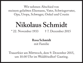Traueranzeige von Nikolaus Schmidt von Süddeutsche Zeitung
