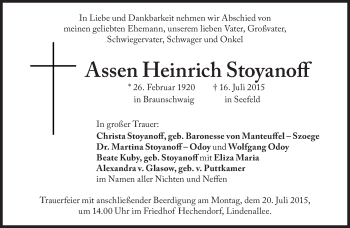 Traueranzeige von Assen Heinrich Stoyanoff von Süddeutsche Zeitung