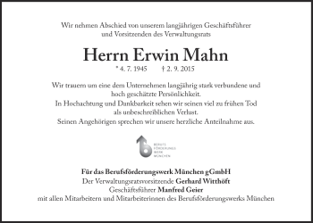Traueranzeige von Erwin Mahn von Süddeutsche Zeitung