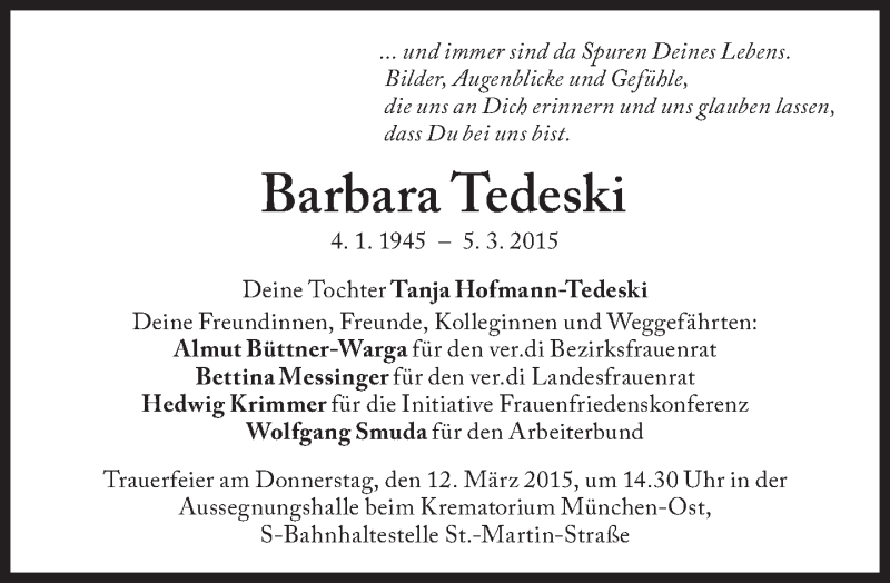  Traueranzeige für Barbara Tedeski vom 09.03.2015 aus Süddeutsche Zeitung