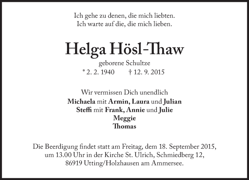  Traueranzeige für Helga Hösl-Thaw vom 17.09.2015 aus Süddeutsche Zeitung