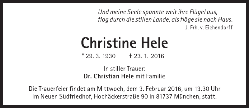 Traueranzeige für Christine Hele vom 30.01.2016 aus Süddeutsche Zeitung