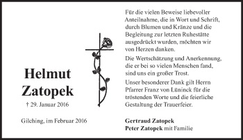 Traueranzeige von Helmut Zatopek von Süddeutsche Zeitung