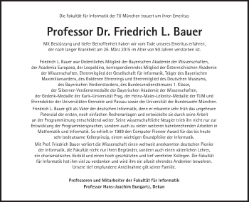 Traueranzeige von Friedrich L. Bauer von Süddeutsche Zeitung