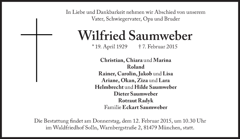  Traueranzeige für Wilfried Saumweber vom 10.02.2015 aus Süddeutsche Zeitung
