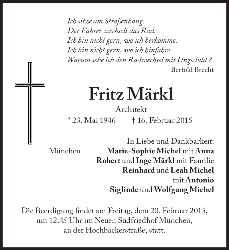  Traueranzeige für Fritz Märkl vom 18.02.2015 aus Süddeutsche Zeitung