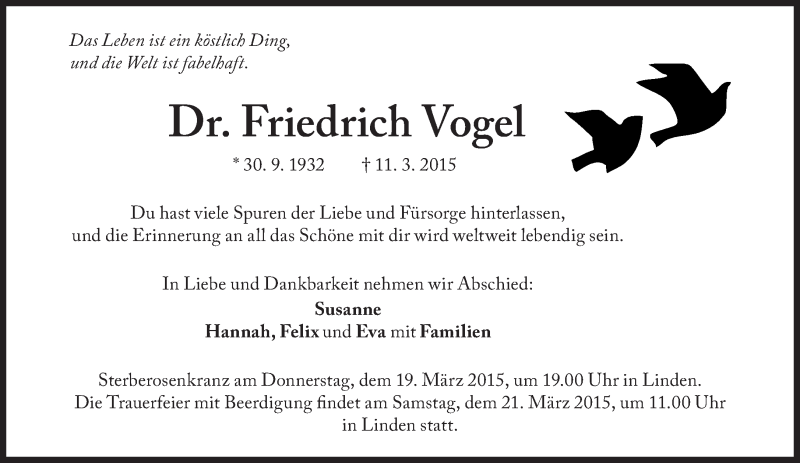  Traueranzeige für Friedrich Vogel vom 18.03.2015 aus Süddeutsche Zeitung