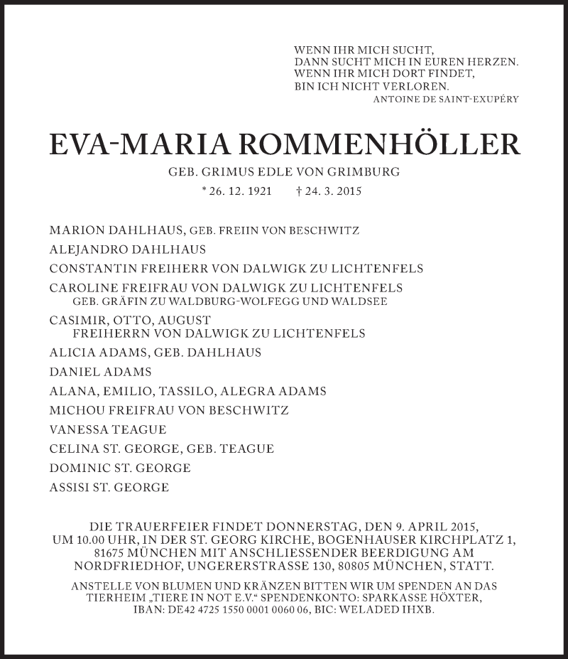  Traueranzeige für Eva-Maria Rommenhöller vom 04.04.2015 aus Süddeutsche Zeitung