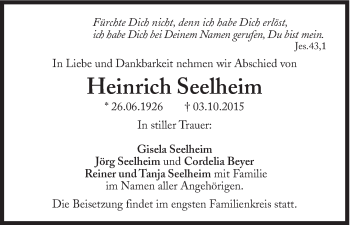 Traueranzeige von Heinrich Seelheim von Süddeutsche Zeitung