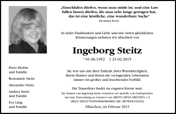 Traueranzeige von Ingeborg Steitz von Süddeutsche Zeitung
