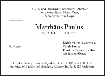 Traueranzeige von Matthäus Paulus von Süddeutsche Zeitung