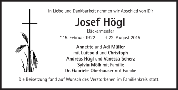 Traueranzeige von Josef Högl von Süddeutsche Zeitung