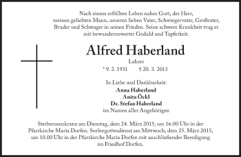 Traueranzeige von Alfred Haberland von Süddeutsche Zeitung