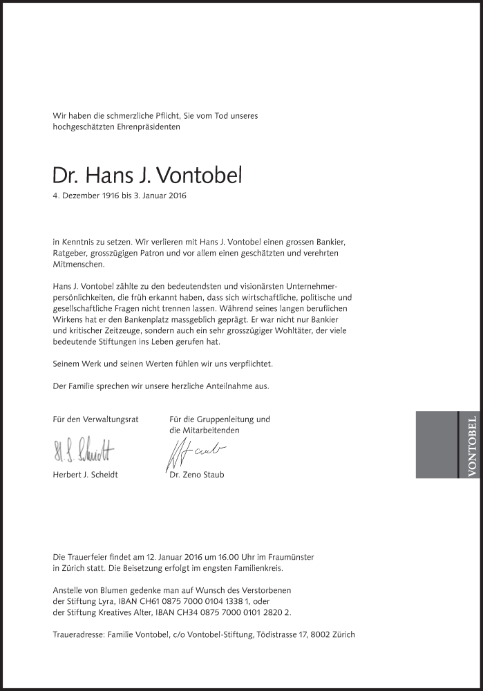  Traueranzeige für Hans J. Vontobel vom 05.01.2016 aus Süddeutsche Zeitung