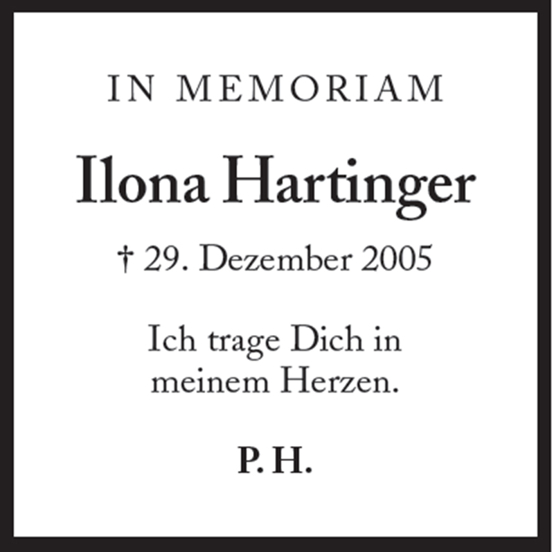  Traueranzeige für Ilona Hartinger vom 29.12.2011 aus Süddeutsche Zeitung