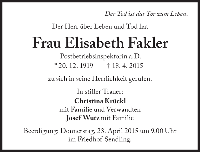  Traueranzeige für Elisabeth Fakler vom 22.04.2015 aus Süddeutsche Zeitung