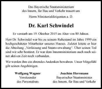 Traueranzeige von Karl Schwindel von Süddeutsche Zeitung