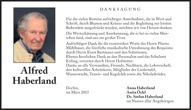  Traueranzeige für Alfred Haberland vom 01.04.2015 aus Süddeutsche Zeitung